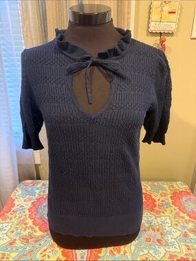 LOFT Pointelle Navy Tie Neck Short Sleeved Sweater